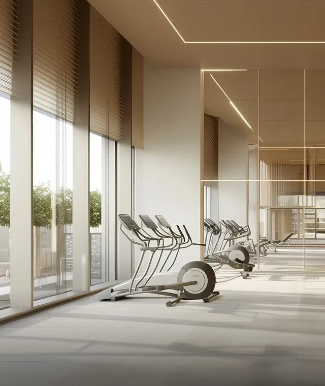 Fitness room<br />
with panoramic glazing