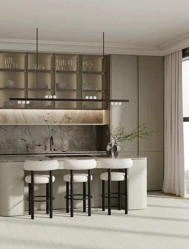 Все резиденции предлагаются с готовой авторской отделкой от именитой студии Quadro Room. Сдержанная палитра, закругленные порталы, плавные изгибы.